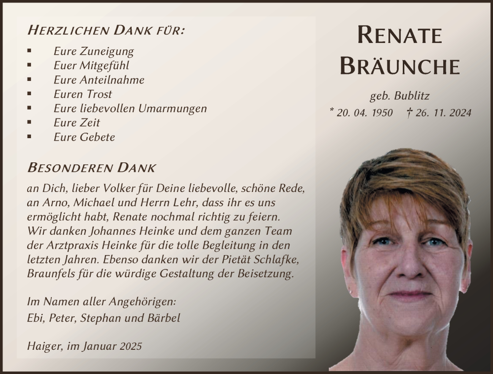  Traueranzeige für Renate Bräunche vom 11.01.2025 aus Dill Block
