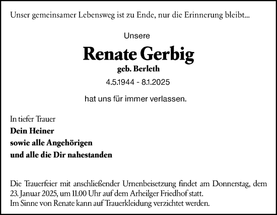 Traueranzeige von Renate Gerbig von Darmstädter Echo