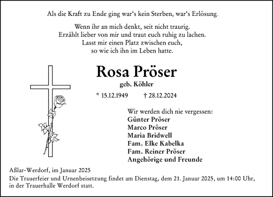 Traueranzeige von Rosa Pröser von Wetzlarer Neue Zeitung