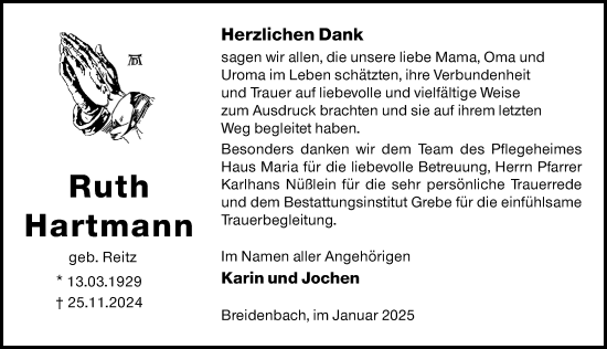 Traueranzeige von Ruth Hartmann von Hinterländer Anzeiger