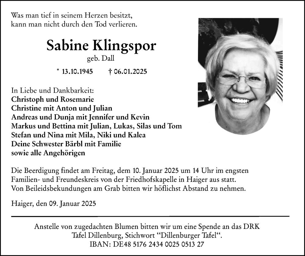  Traueranzeige für Sabine Klingspor vom 09.01.2025 aus Dill Block