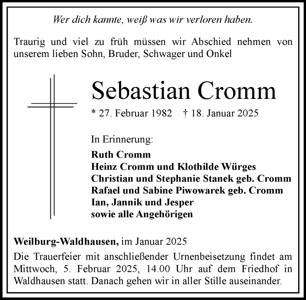  Traueranzeige für Sebastian Cromm vom 25.01.2025 aus Weilburger Tageblatt