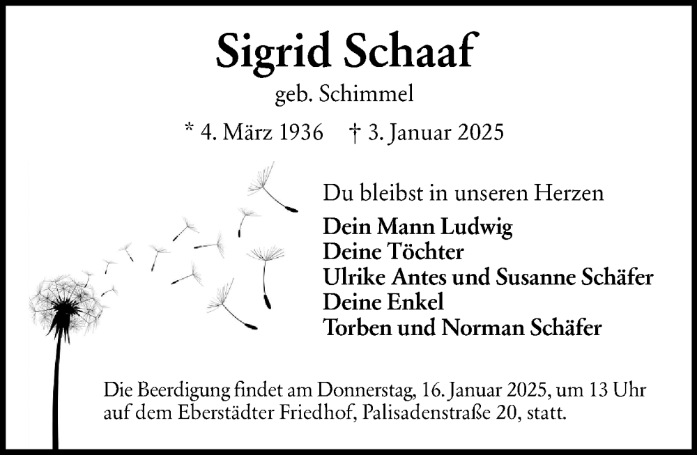  Traueranzeige für Sigrid Schaaf vom 11.01.2025 aus Darmstädter Echo