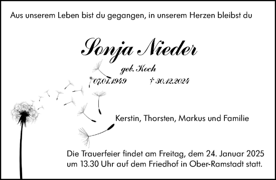 Traueranzeige von Sonja Nieder von Darmstädter Echo