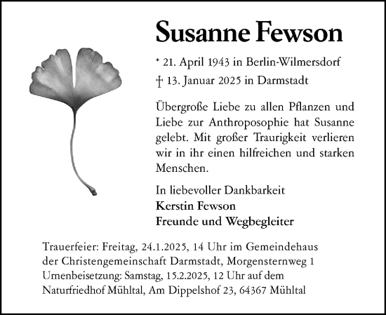 Traueranzeige von Susanne Fewson von Darmstädter Echo
