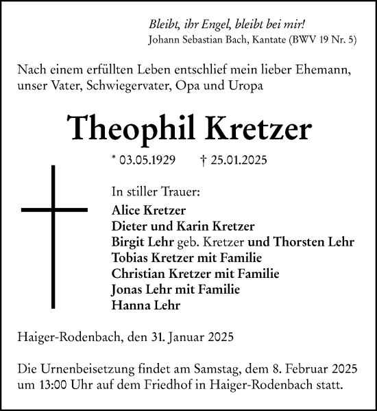 Traueranzeige von Theophil Kretzer von Dill Block