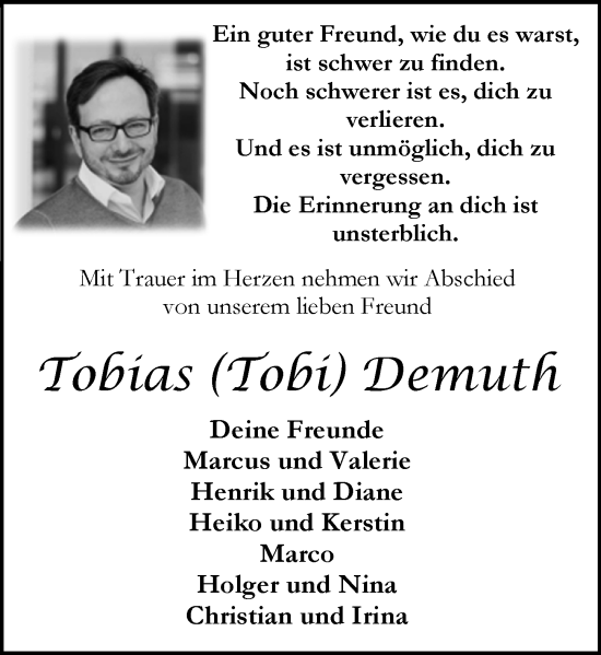 Traueranzeige von Tobias Demuth von Allgemeine Zeitung Mainz