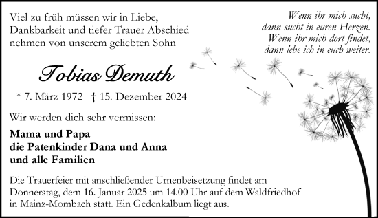 Traueranzeige von Tobias Demuth von Allgemeine Zeitung Mainz