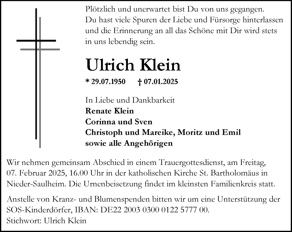  Traueranzeige für Ulrich Klein vom 25.01.2025 aus Allgemeine Zeitung Alzey