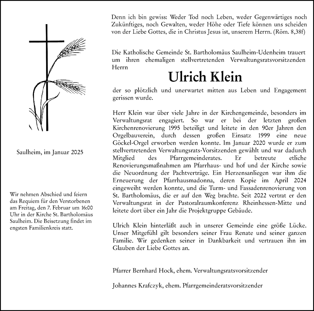  Traueranzeige für Ulrich Klein vom 30.01.2025 aus Allgemeine Zeitung Alzey