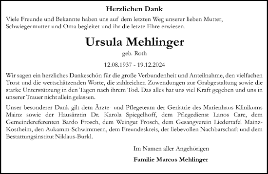 Traueranzeige von Ursula Mehlinger von Allgemeine Zeitung Mainz
