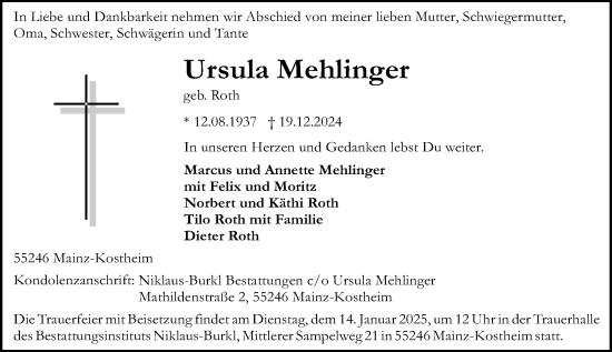 Traueranzeige von Ursula Mehlinger von Allgemeine Zeitung Mainz
