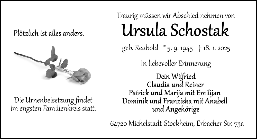  Traueranzeige für Ursula Schostak vom 25.01.2025 aus Odenwälder Echo