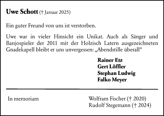 Traueranzeige von Uwe Schott von Dieburger Anzeiger/Groß-Zimmerner Lokal-Anzeiger