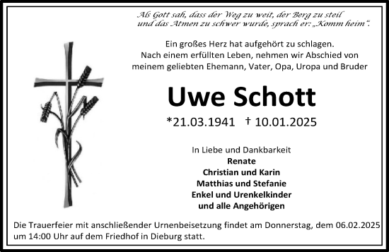 Traueranzeige von Uwe Schott von Dieburger Anzeiger/Groß-Zimmerner Lokal-Anzeiger