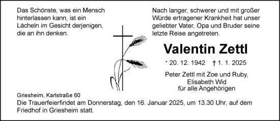 Traueranzeige von Valentin Zettl von Darmstädter Echo