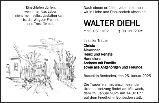 Traueranzeige von Walter Diehl von Wetzlarer Neue Zeitung