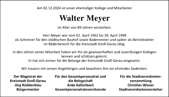 Traueranzeige von Walter Meyer von Groß-Gerauer Echo