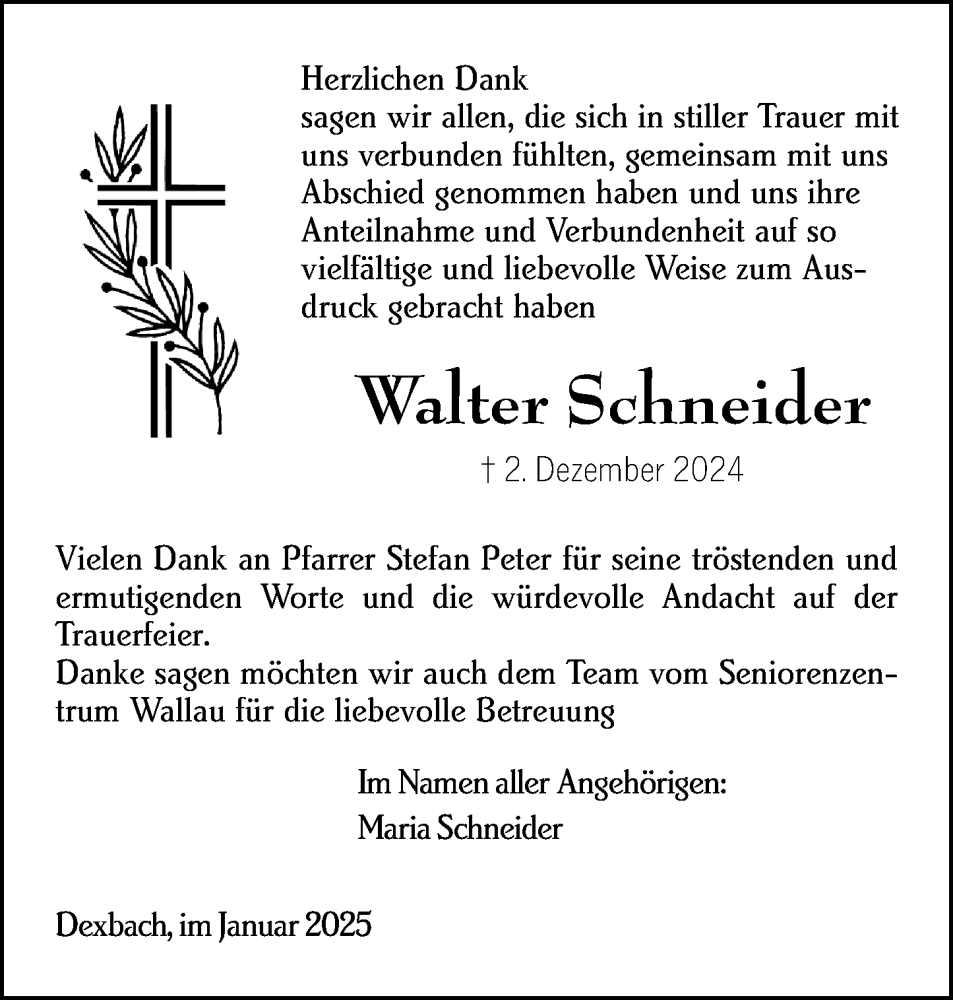  Traueranzeige für Walter Schneider vom 11.01.2025 aus Hinterländer Anzeiger