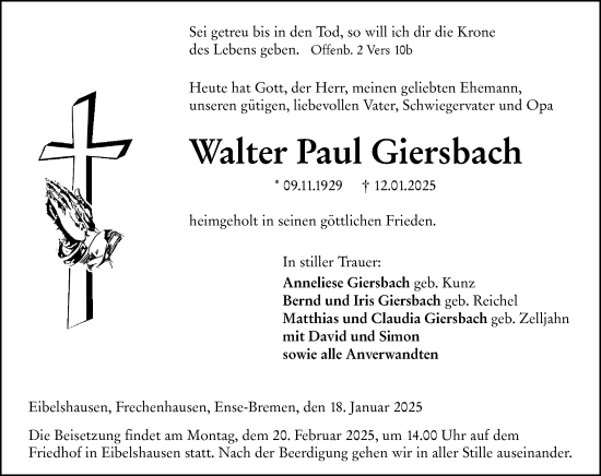 Traueranzeige von Walter Paul Giersbach von Dill Block