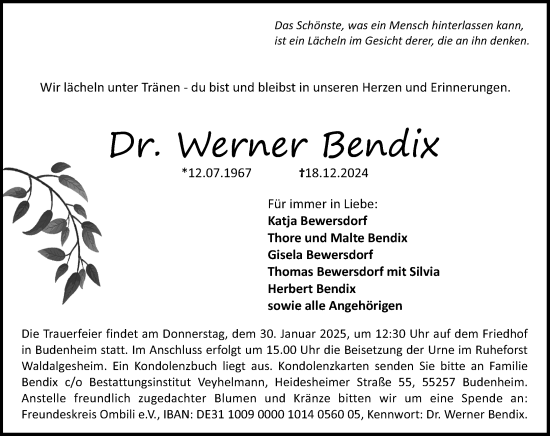 Traueranzeige von Werner Bendix von Allgemeine Zeitung Mainz