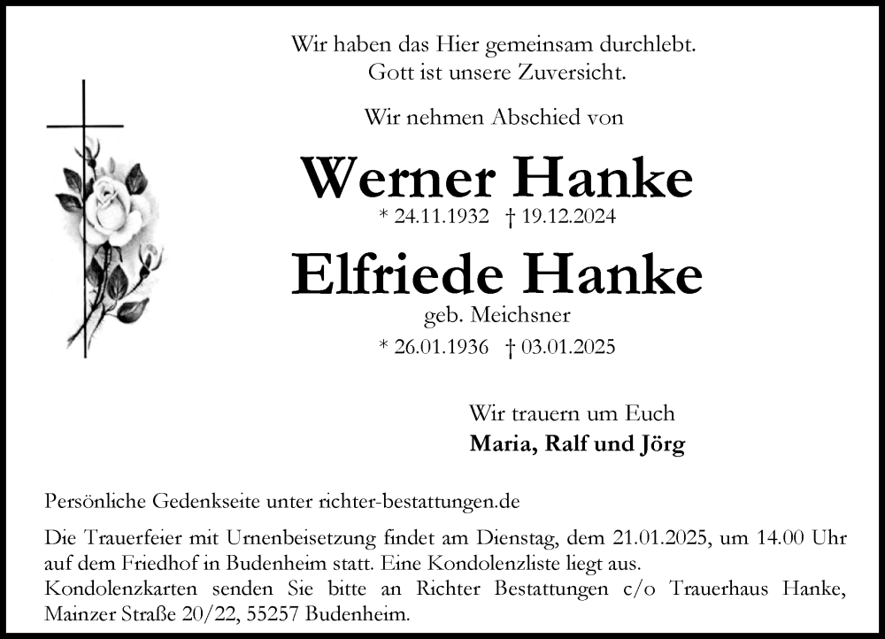  Traueranzeige für Werner Hanke vom 11.01.2025 aus Allgemeine Zeitung Mainz