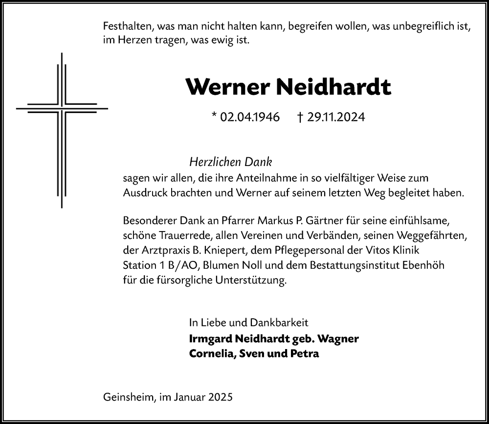  Traueranzeige für Werner Neidhardt vom 18.01.2025 aus Rüsselsheimer Echo