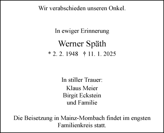 Traueranzeige von Werner Späth von Allgemeine Zeitung Mainz