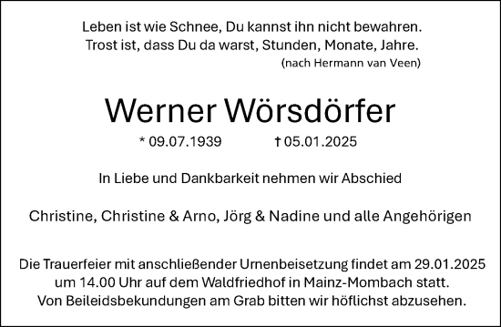 Traueranzeige von Werner Wörsdörfer von Rüsselsheimer Echo