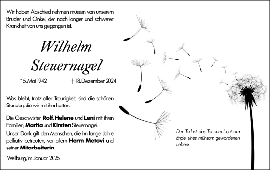 Traueranzeige von Wilhelm Steuernagel von Weilburger Tageblatt