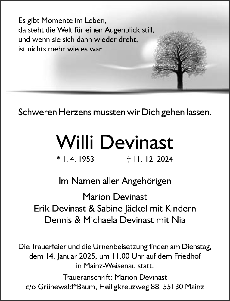  Traueranzeige für Willi Devinast vom 11.01.2025 aus Allgemeine Zeitung Mainz