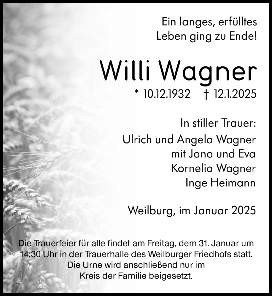  Traueranzeige für Willi Wagner vom 25.01.2025 aus Weilburger Tageblatt