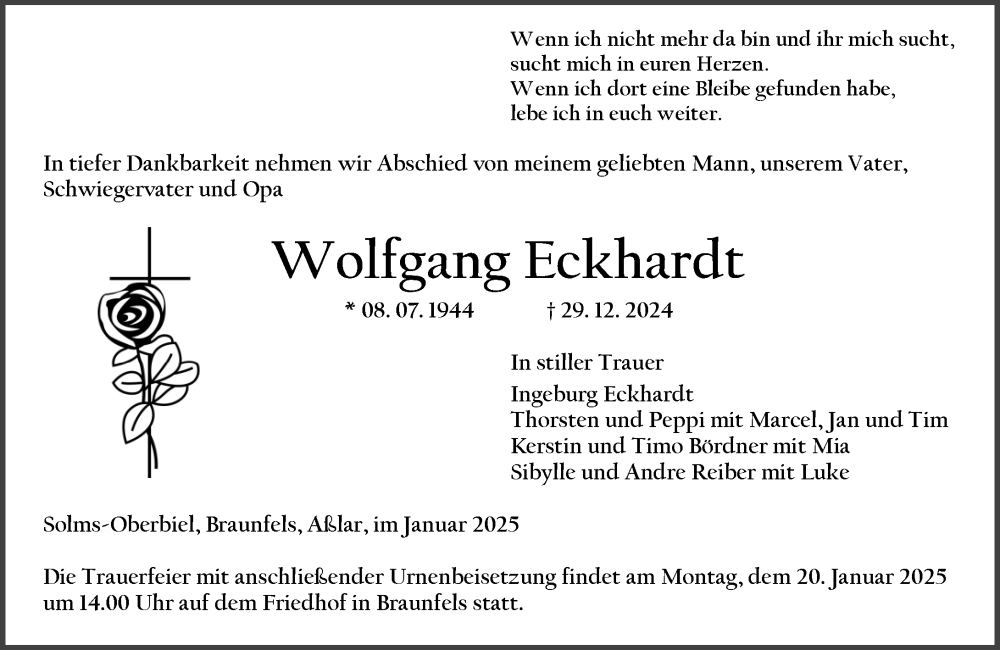 Traueranzeige für Wolfgang Eckhardt vom 16.01.2025 aus Wetzlarer Neue Zeitung