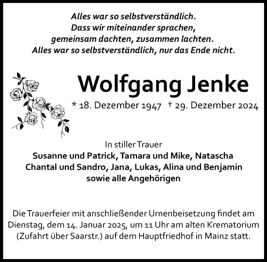 Traueranzeige von Wolfgang Jenke von Allgemeine Zeitung Mainz