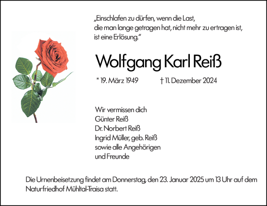 Traueranzeige von Wolfgang Karl Reiß von Darmstädter Echo
