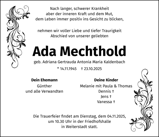 Traueranzeige von Ada Mechthold von Darmstädter Echo