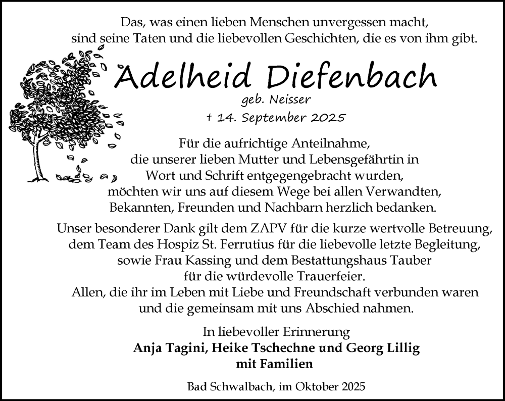  Traueranzeige für Adelheid Diefenbach vom 11.10.2025 aus Idsteiner Land/Untertaunus