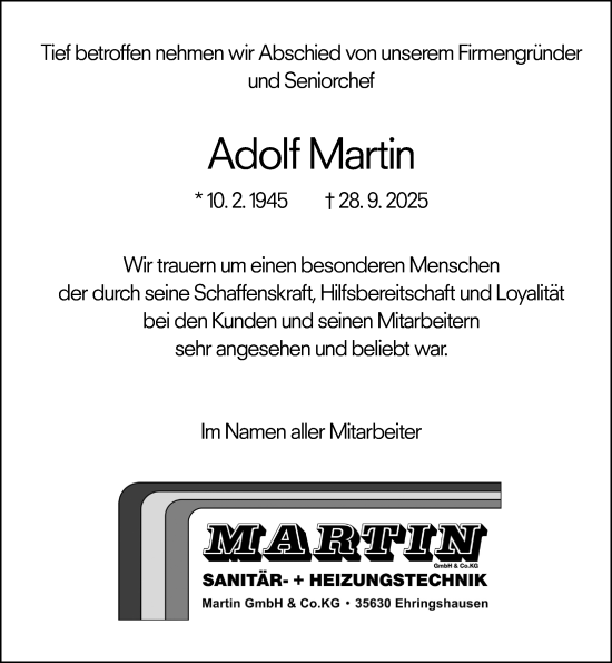 Traueranzeige von Adolf Martin von Wetzlarer Neue Zeitung
