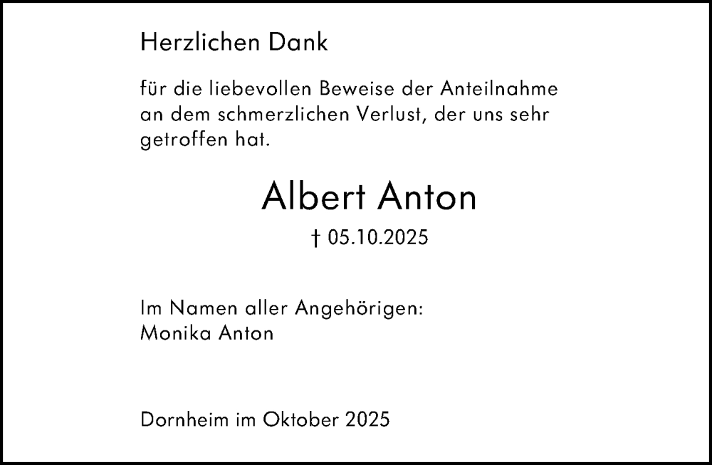  Traueranzeige für Albert Anton vom 25.10.2025 aus Groß-Gerauer Echo