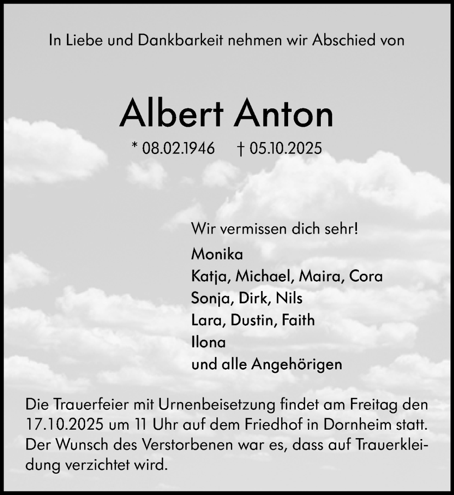  Traueranzeige für Albert Anton vom 15.10.2025 aus Groß-Gerauer Echo