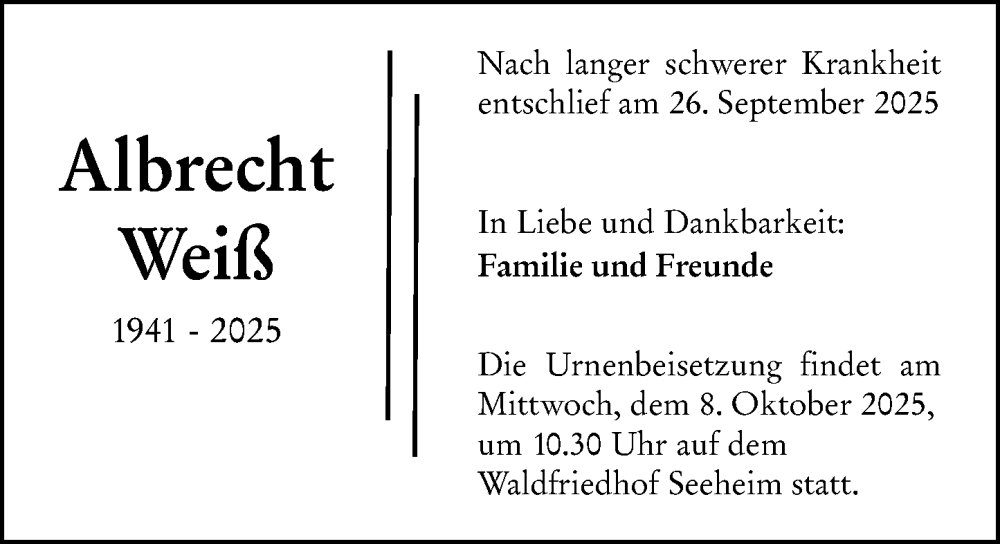  Traueranzeige für Albrecht Weiß vom 04.10.2025 aus Darmstädter Echo