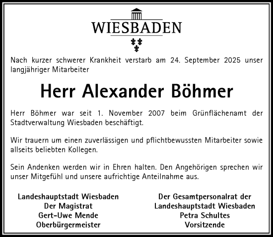 Traueranzeige von Alexander Böhmer von Wiesbadener Kurier