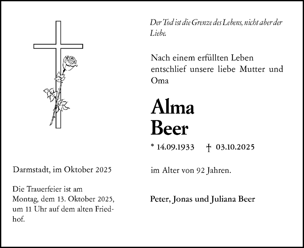  Traueranzeige für Alma Beer vom 11.10.2025 aus Darmstädter Echo
