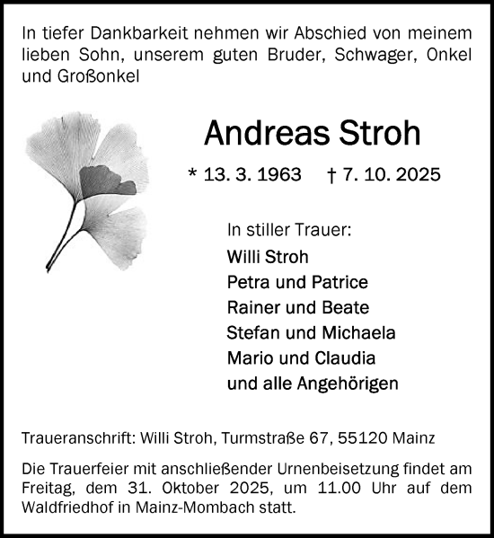 Traueranzeige von Andreas Stroh von Allgemeine Zeitung Mainz