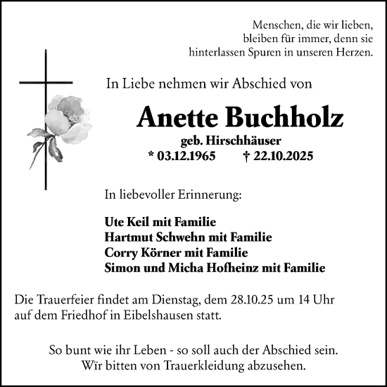 Traueranzeige von Anette Buchholz von Dill Block