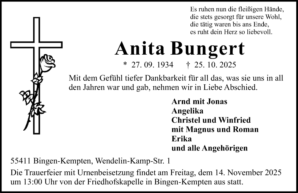  Traueranzeige für Anita Bungert vom 31.10.2025 aus Allgemeine Zeitung Rheinhessen-Nahe