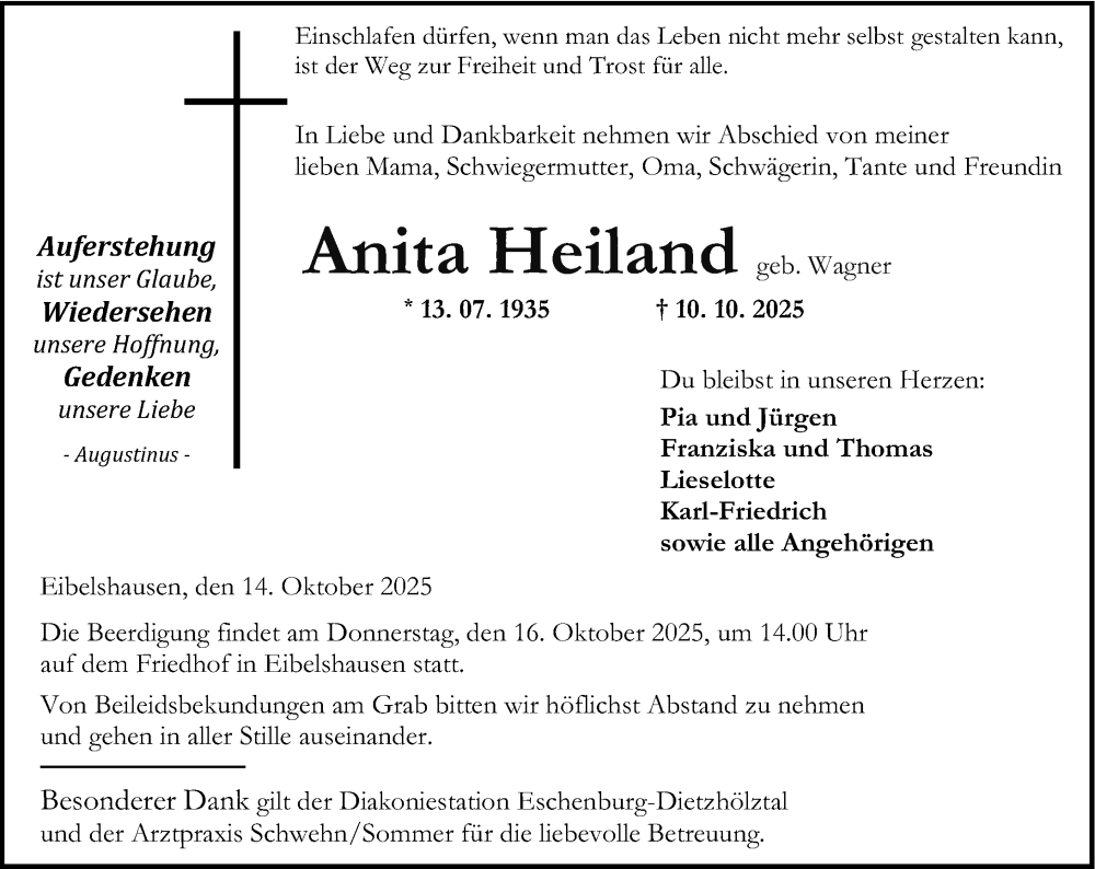  Traueranzeige für Anita Heiland vom 14.10.2025 aus Dill Block