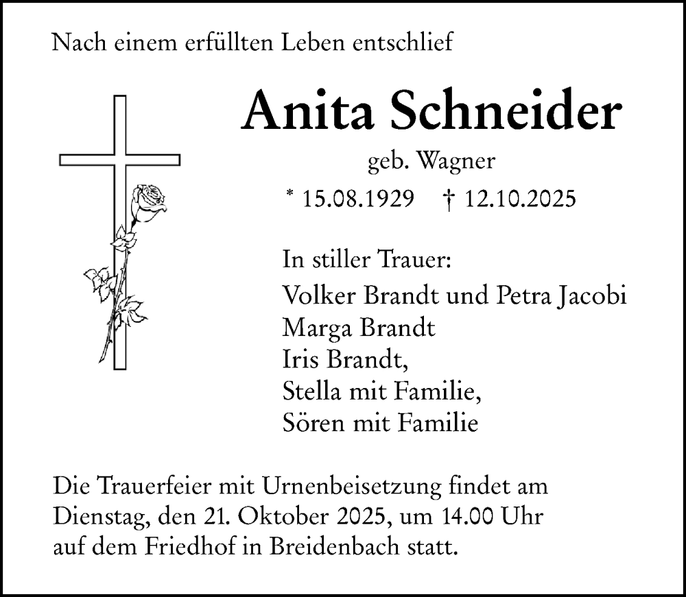  Traueranzeige für Anita Schneider vom 17.10.2025 aus Hinterländer Anzeiger