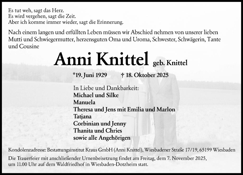  Traueranzeige für Anni Knittel vom 01.11.2025 aus Wiesbadener Kurier