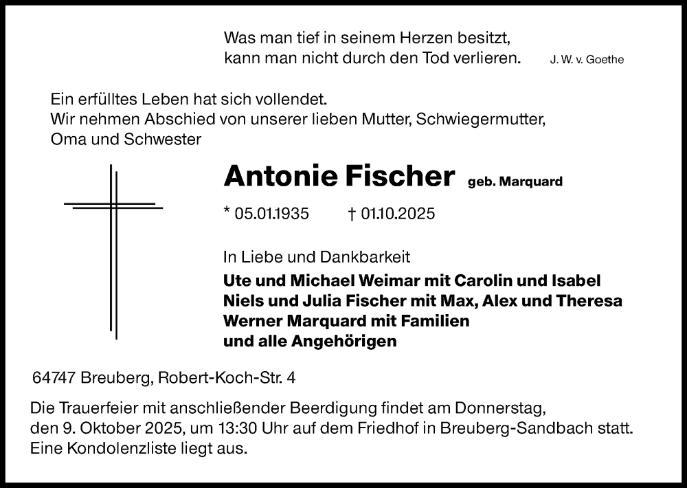  Traueranzeige für Antonie Fischer vom 04.10.2025 aus Odenwälder Echo
